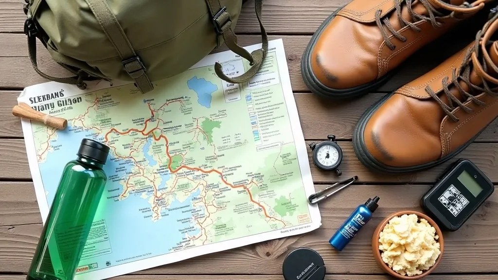 Rozložené věci na stole — mapa, lahev vody, snack, sluneční krém, lékárnička, vše pěkně uspořádáno