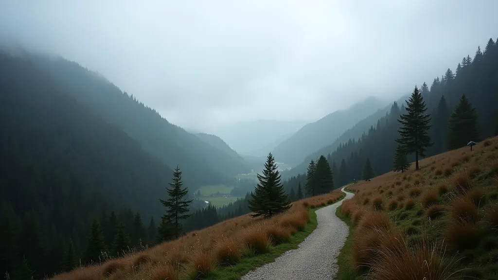 Horská krajina v horším počasí — zatažená obloha, chmurný den, horské údolí v mlze, prázdná stezka
